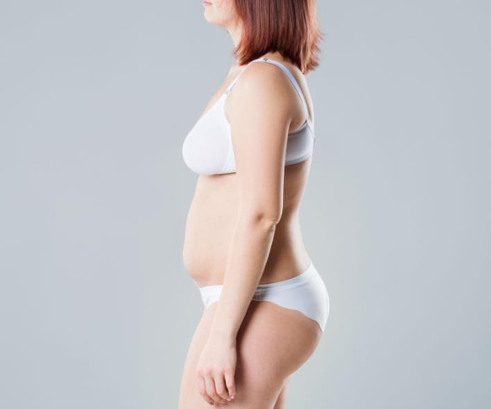 Side profile of a woman's midsection, abdomen and flanks