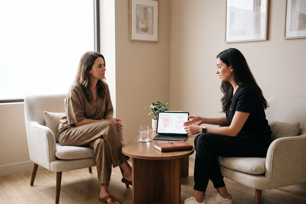 Patient discussing a staged body contouring plan after weight loss during a consultation in San Antonio