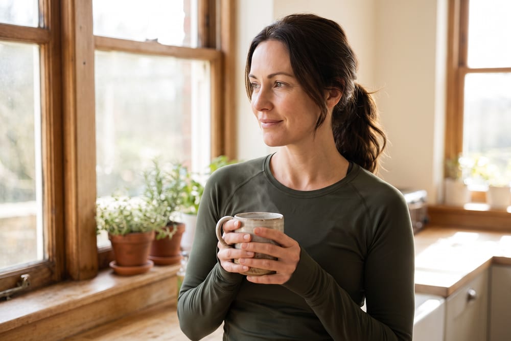 Woman in an olive athletic top holding a mug by a sunlit kitchen window, at ease after breast implant removal in San Antonio