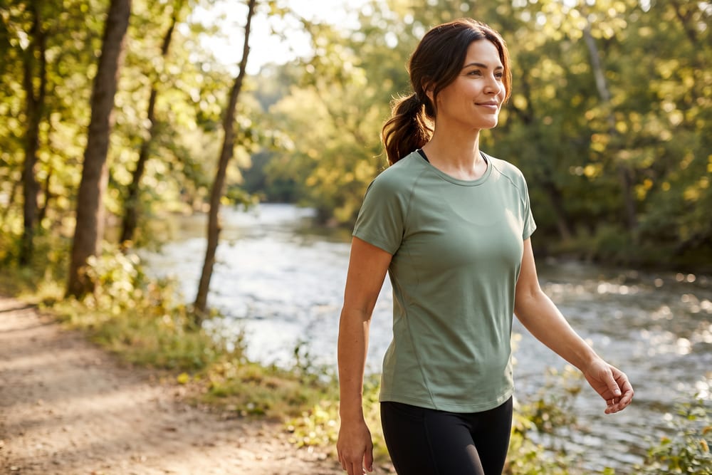 Woman walking comfortably along a riverside trail, the kind of active life patients describe wanting after breast reduction in San Antonio