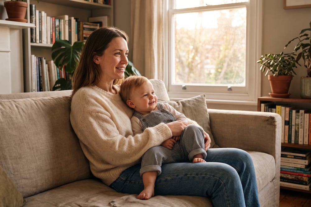Mother relaxing on a sofa at home with her toddler, the kind of patient who asks about C-section scar revision in San Antonio