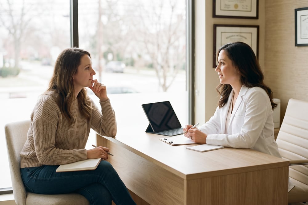 Prospective patient with a notebook of questions listening during a plastic surgery consultation in San Antonio