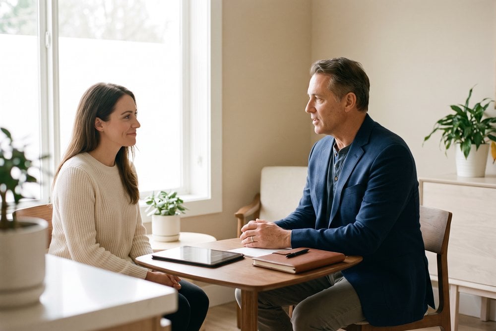 Calm consultation room at a San Antonio plastic surgery practice where a woman discusses labiaplasty options with her surgeon
