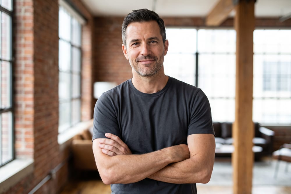 Man in his forties standing with arms crossed in a bright brick loft, representing men considering plastic surgery in San Antonio