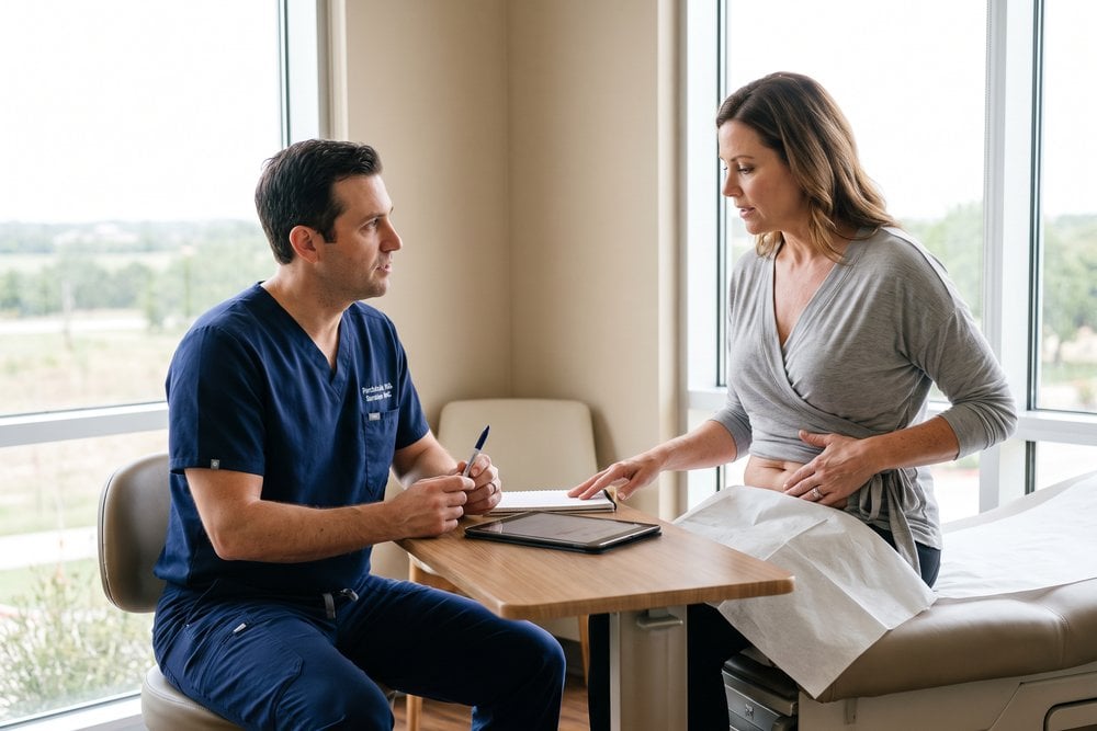 San Antonio plastic surgeon holding a marking pen while a patient shows the loose skin on her lower abdomen after GLP-1 medication weight loss during a tummy tuck consultation