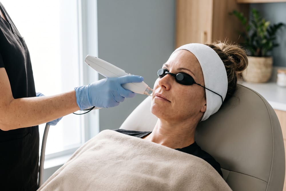 Patient wearing protective eye shields while a clinician holds a laser handpiece near her cheek during a laser treatment in San Antonio